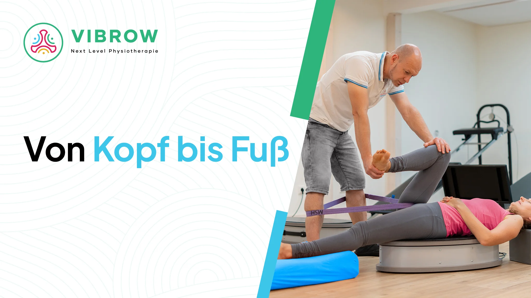 Grafik Von Kopf bis Fuß mit Therapeut beim Dehnen eines Beins
